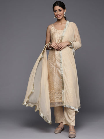 Varanga Cream Net Embroidered Kurta Paired With Tonal Bottom And Dupatta